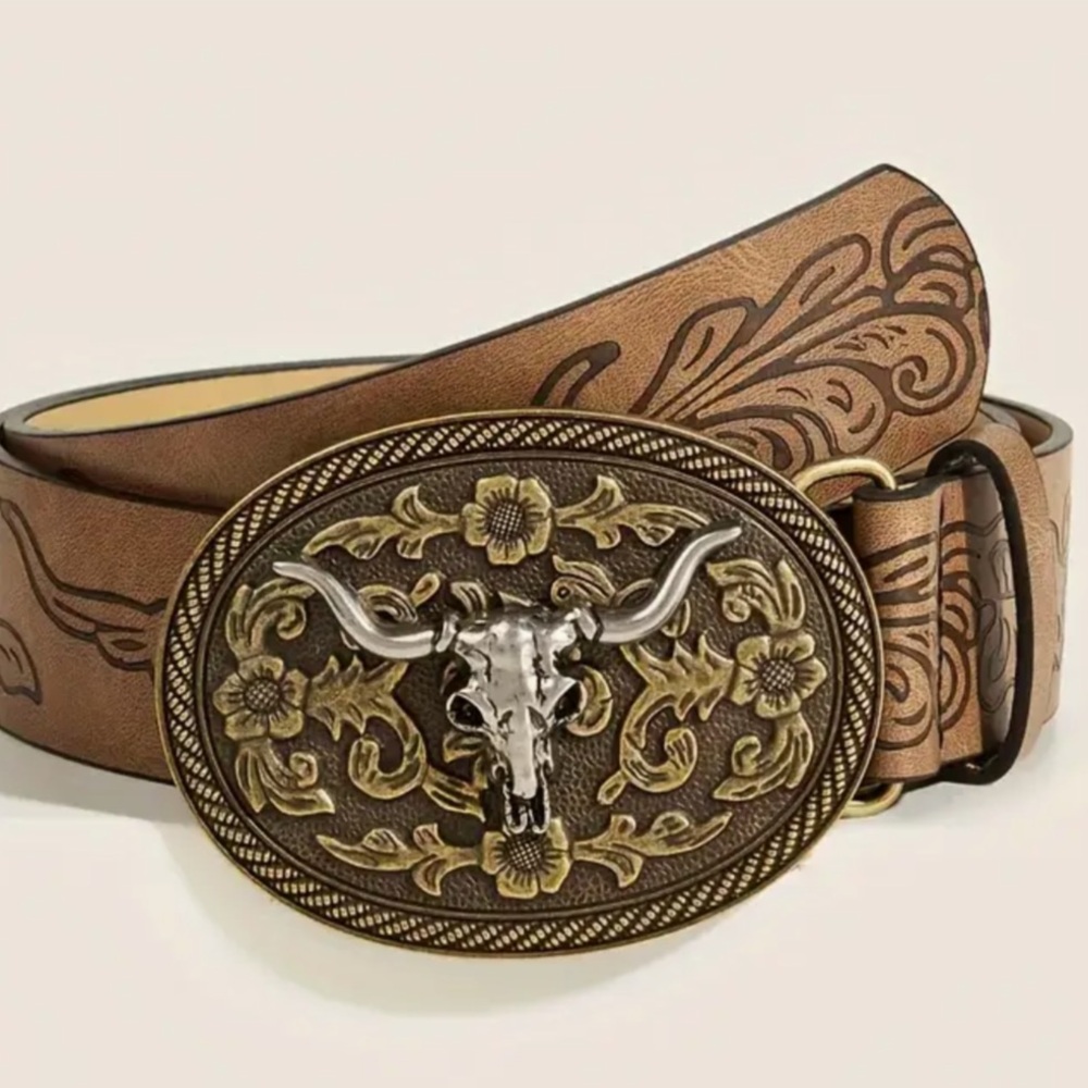 NEW Western Brown Belt with Bull Skull Buckle